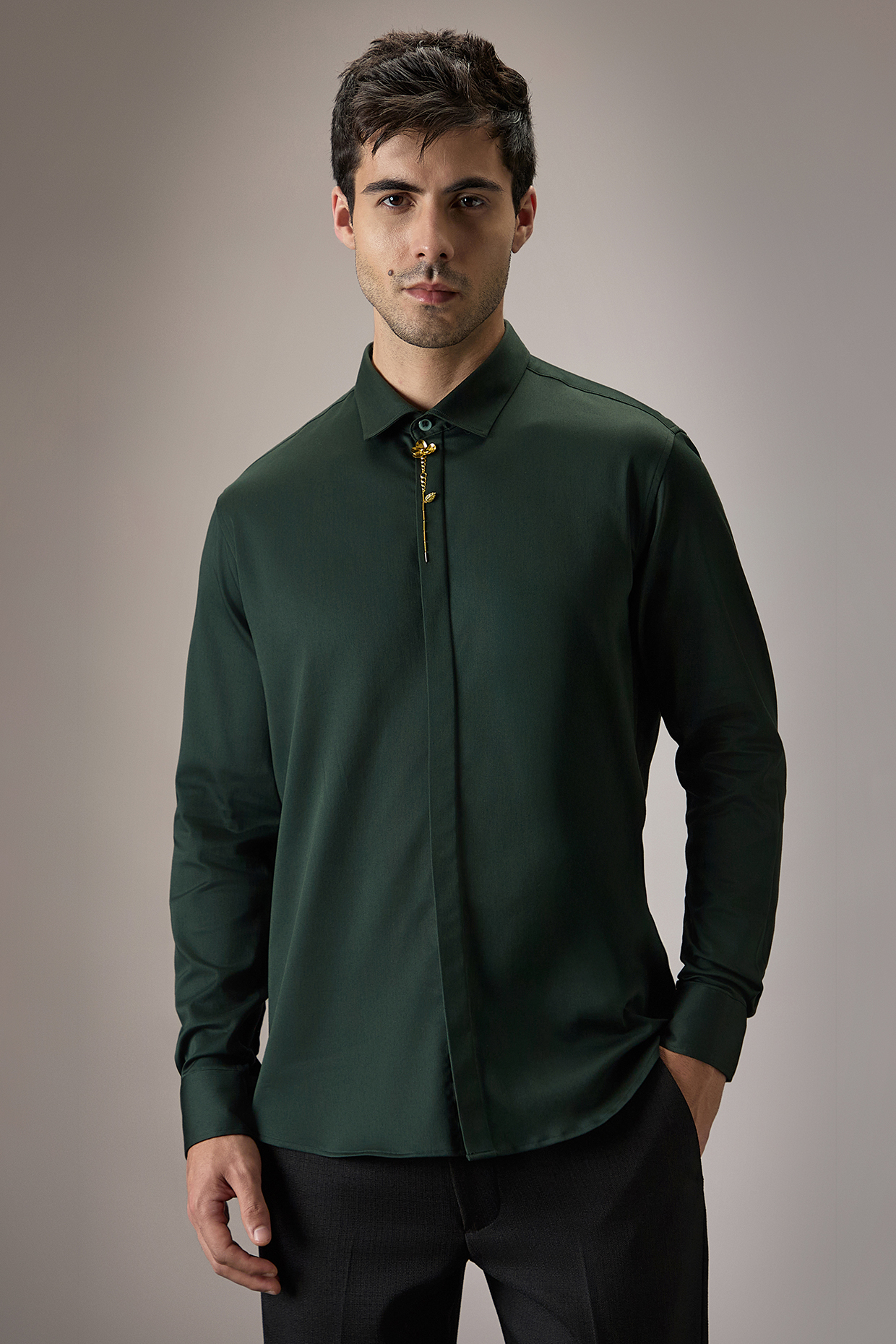 Bottle Green Cotton Floral Hand Embroidered Shirt by Komal Kothari