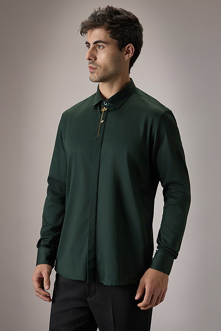 Bottle Green Cotton Floral Hand Embroidered Summer Shirt by Komal Kothari at Pernia's Pop Up Shop