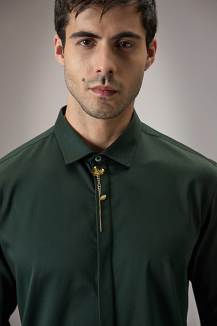 Bottle Green Cotton Floral Hand Embroidered Summer Shirt by Komal Kothari at Pernia's Pop Up Shop