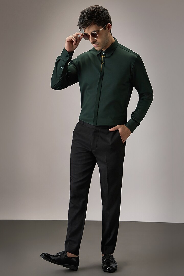 Bottle Green Cotton Floral Hand Embroidered Summer Shirt by Komal Kothari at Pernia's Pop Up Shop
