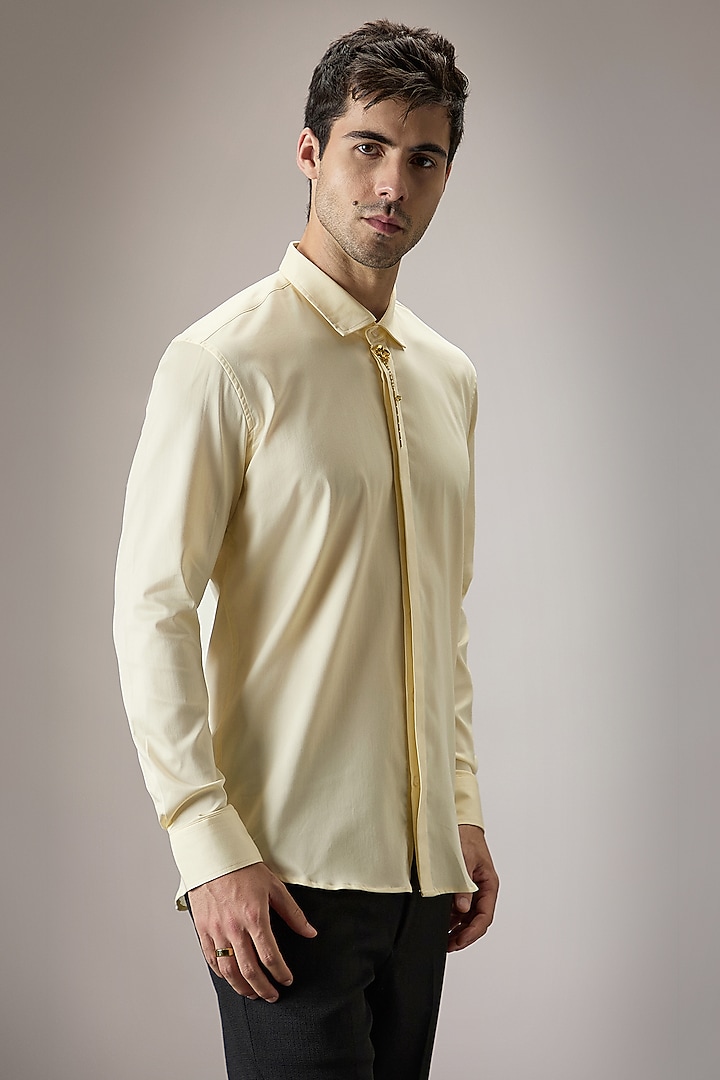 Ivory Cotton Floral Hand Embroidered Summer Shirt by Komal Kothari at Pernia's Pop Up Shop