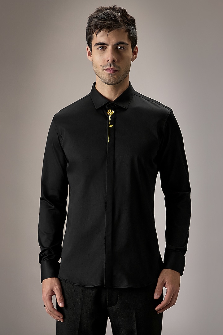 Black Cotton Floral Hand Embroidered Summer Shirt by Komal Kothari at Pernia's Pop Up Shop