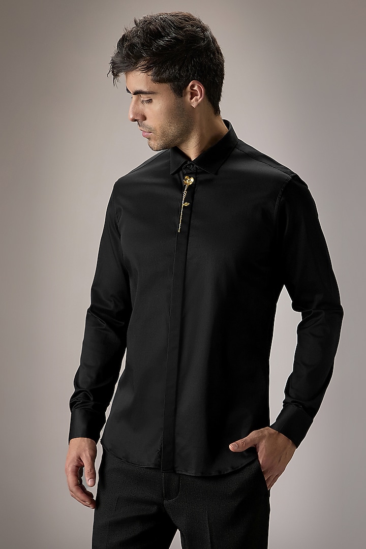Black Cotton Floral Hand Embroidered Summer Shirt by Komal Kothari at Pernia's Pop Up Shop