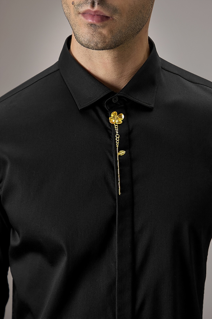 Black Cotton Floral Hand Embroidered Summer Shirt by Komal Kothari at Pernia's Pop Up Shop