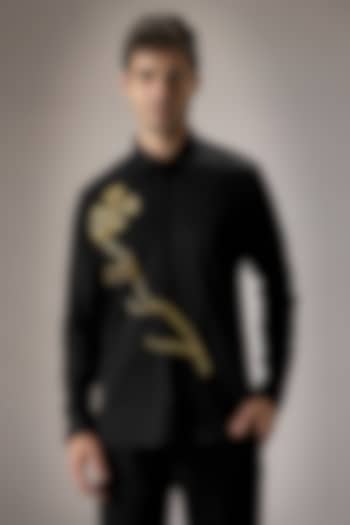 Black Cotton Floral Hand Embroidered Party Wear Shirt by Komal Kothari at Pernia's Pop Up Shop