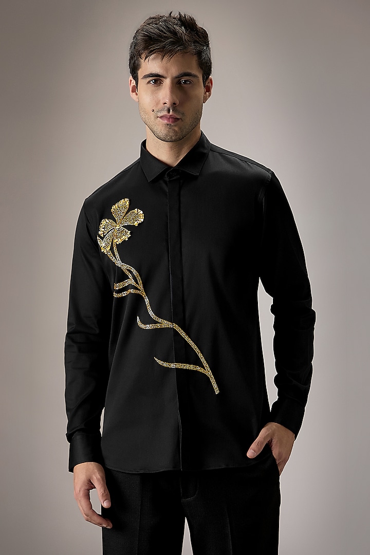 Black Cotton Floral Hand Embroidered Party Wear Shirt by Komal Kothari at Pernia's Pop Up Shop