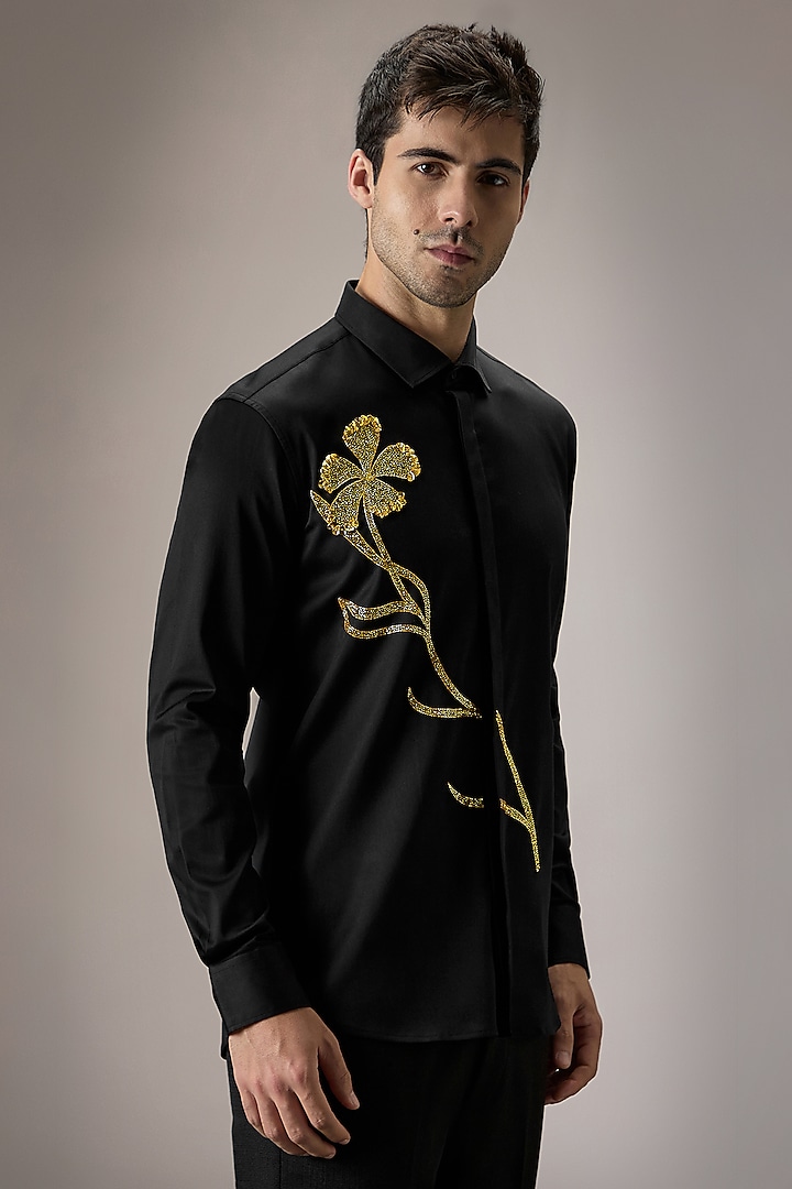 Black Cotton Floral Hand Embroidered Party Wear Shirt by Komal Kothari at Pernia's Pop Up Shop