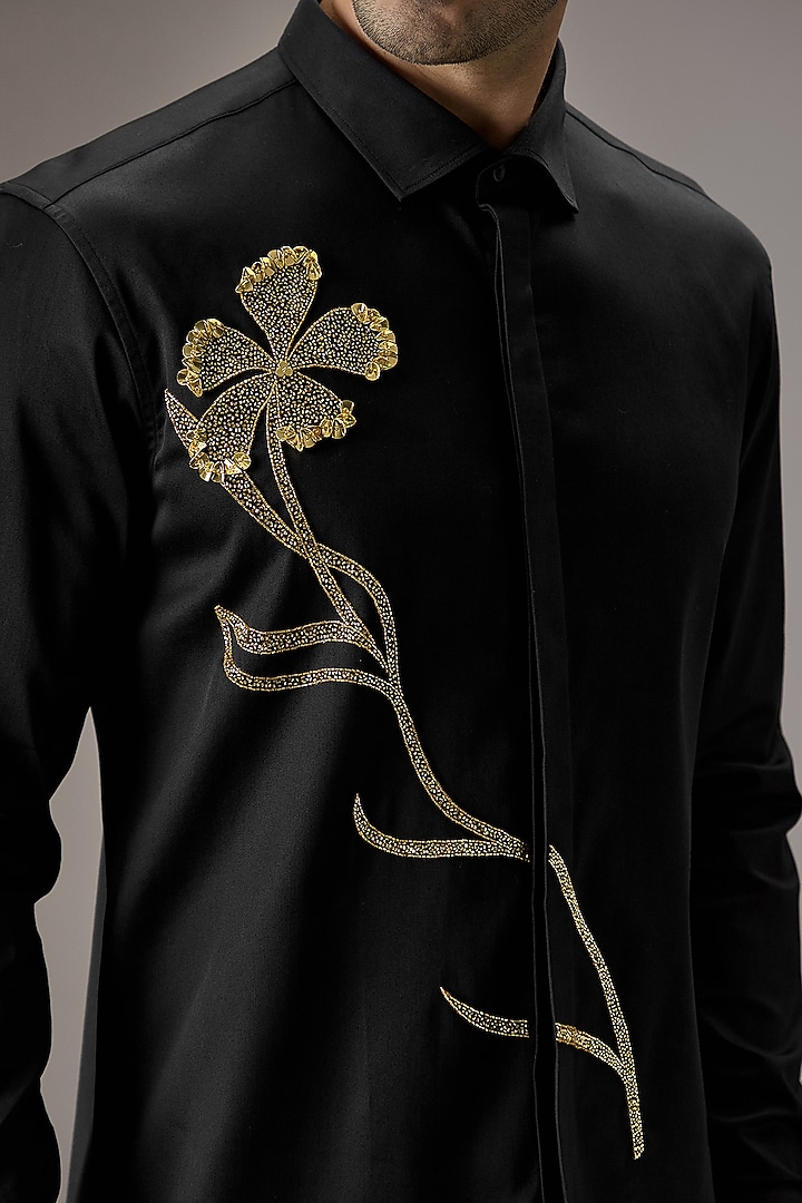 Black Cotton Floral Hand Embroidered Party Wear Shirt by Komal Kothari at Pernia's Pop Up Shop