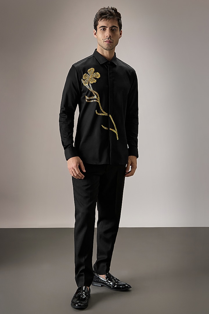 Black Cotton Floral Hand Embroidered Party Wear Shirt by Komal Kothari at Pernia's Pop Up Shop