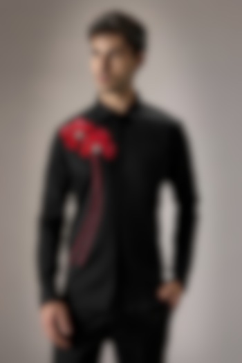 Black Cotton Floral Hand Embroidered Party Wear Shirt by Komal Kothari at Pernia's Pop Up Shop