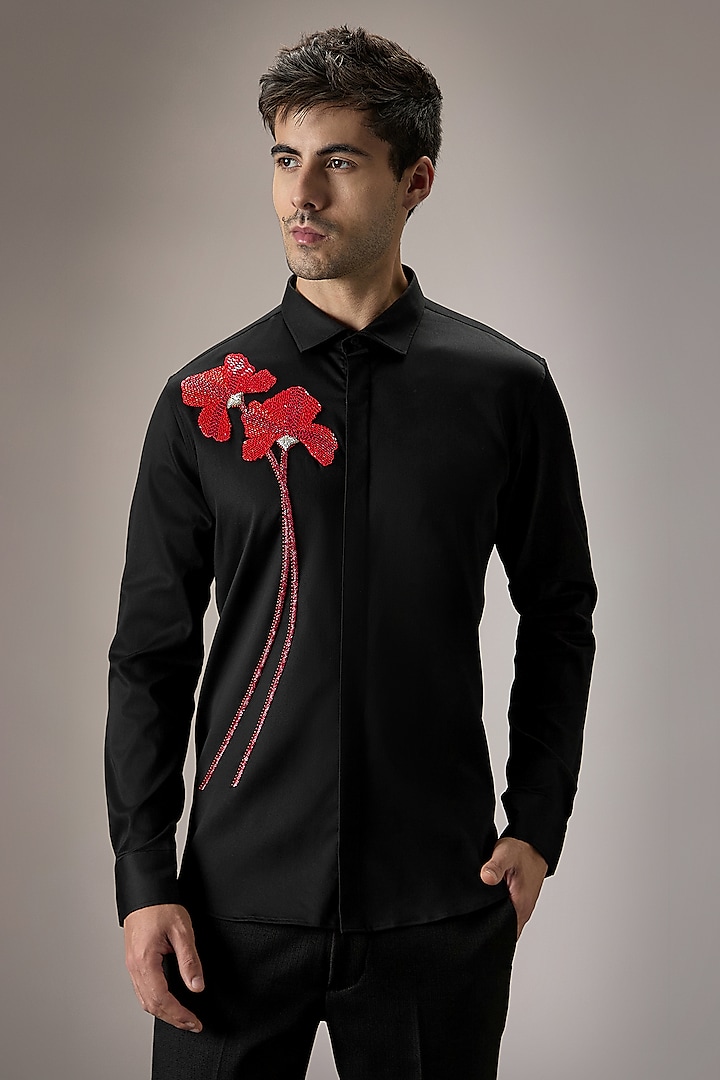 Black Cotton Floral Hand Embroidered Party Wear Shirt by Komal Kothari at Pernia's Pop Up Shop