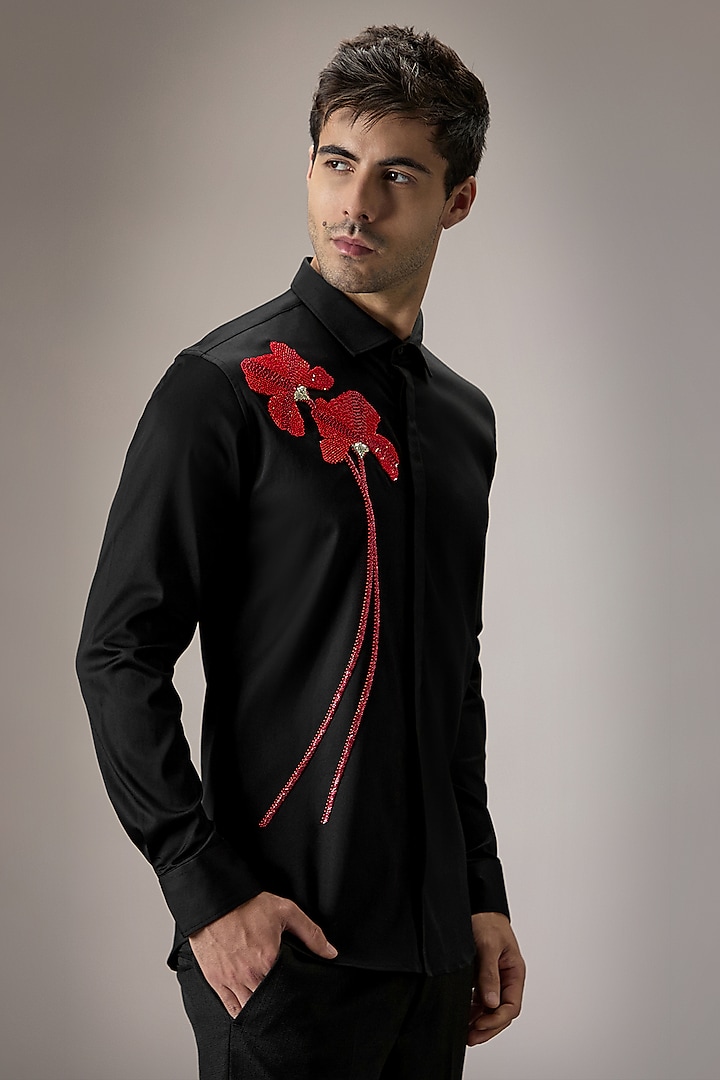 Black Cotton Floral Hand Embroidered Party Wear Shirt by Komal Kothari at Pernia's Pop Up Shop