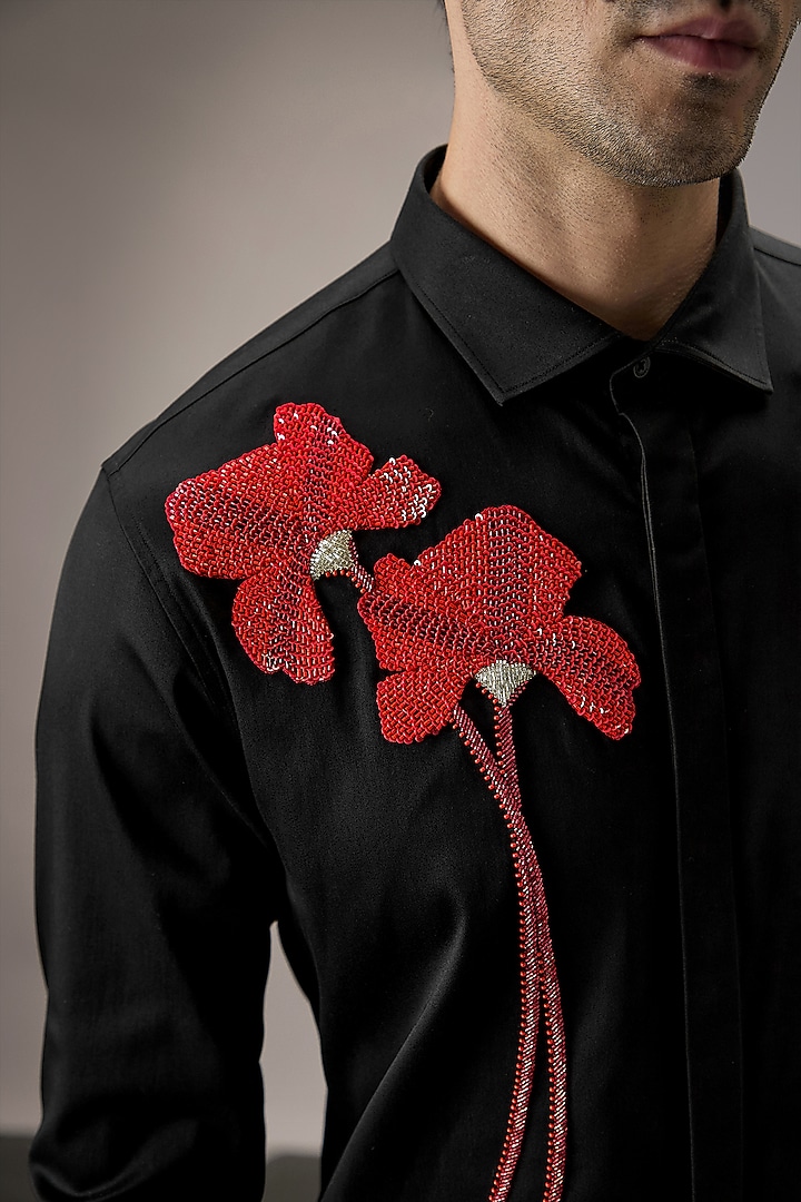 Black Cotton Floral Hand Embroidered Party Wear Shirt by Komal Kothari at Pernia's Pop Up Shop