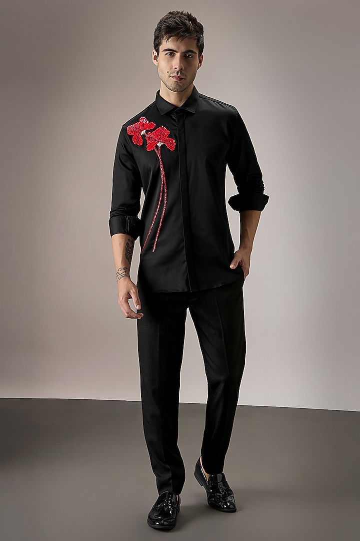 Black Cotton Floral Hand Embroidered Party Wear Shirt by Komal Kothari at Pernia's Pop Up Shop