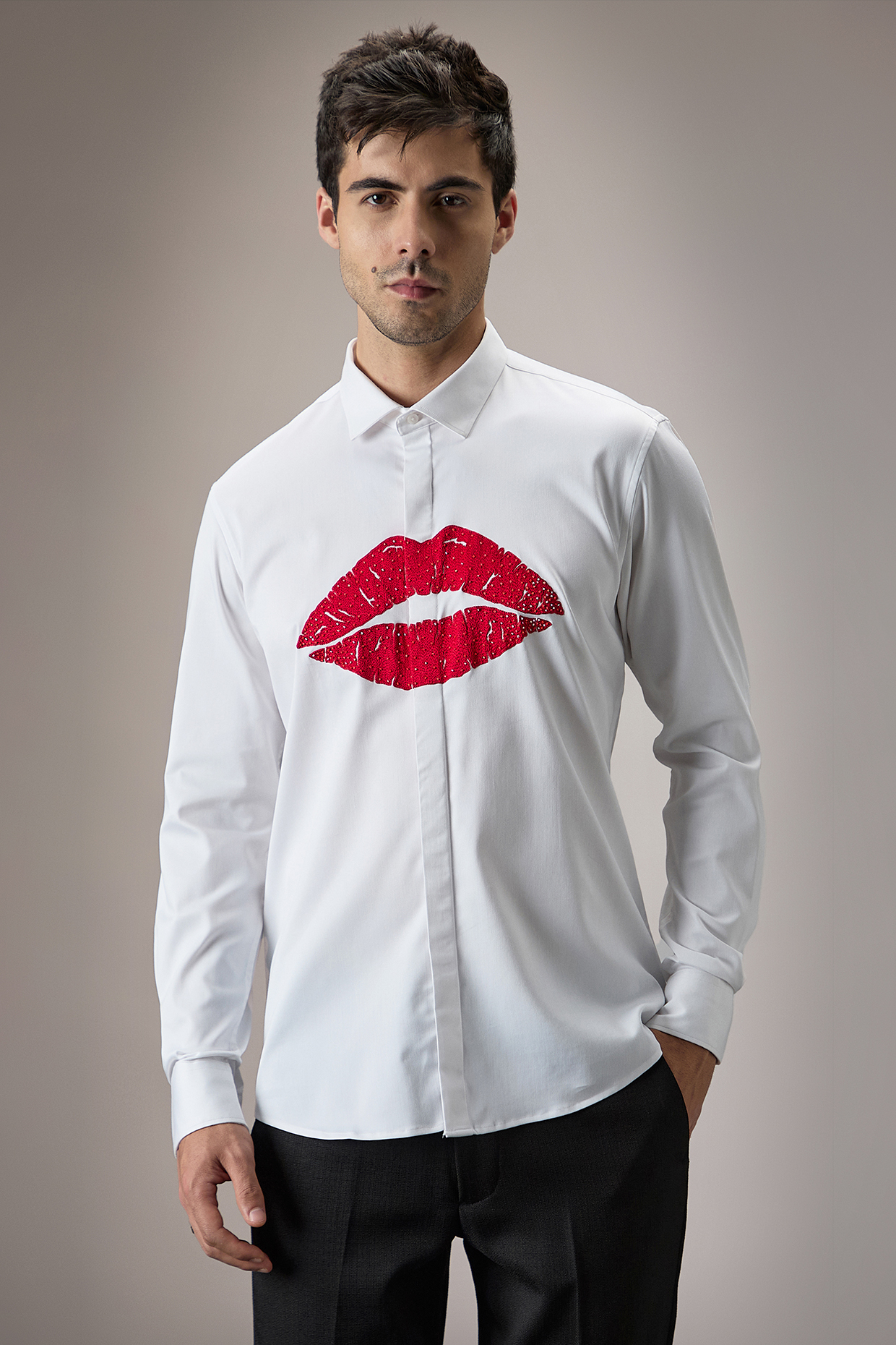 White Cotton Lips Hand Embroidered Shirt by Komal Kothari