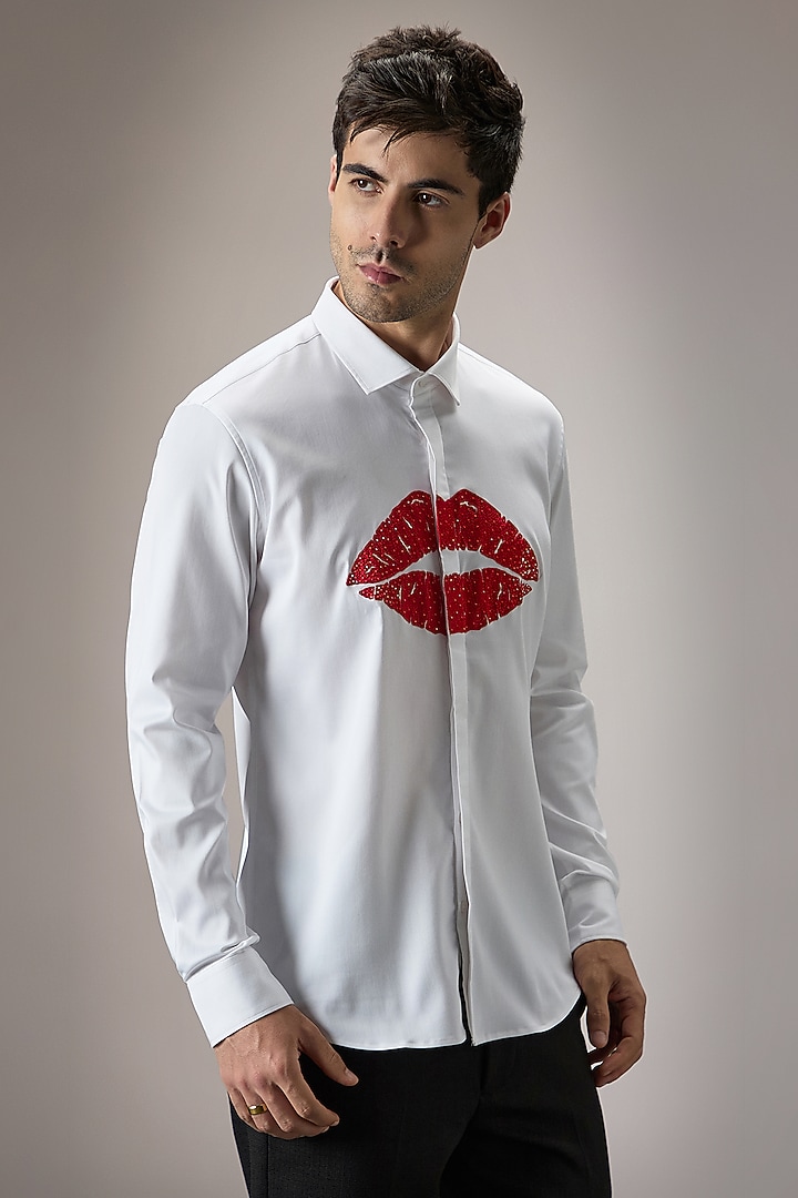 White Cotton Lips Hand Embroidered Party Wear Shirt by Komal Kothari at Pernia's Pop Up Shop