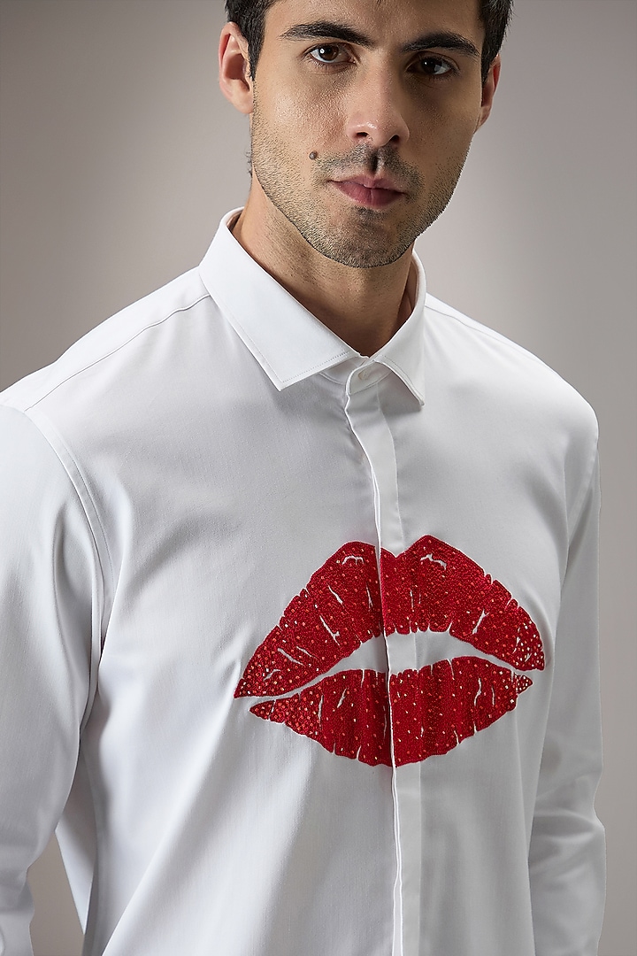 White Cotton Lips Hand Embroidered Party Wear Shirt by Komal Kothari at Pernia's Pop Up Shop
