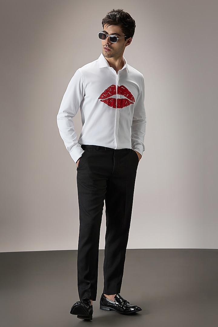White Cotton Lips Hand Embroidered Party Wear Shirt by Komal Kothari at Pernia's Pop Up Shop