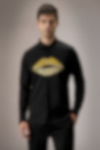 Black Cotton Lips Hand Embroidered Party Wear Shirt by Komal Kothari at Pernia's Pop Up Shop