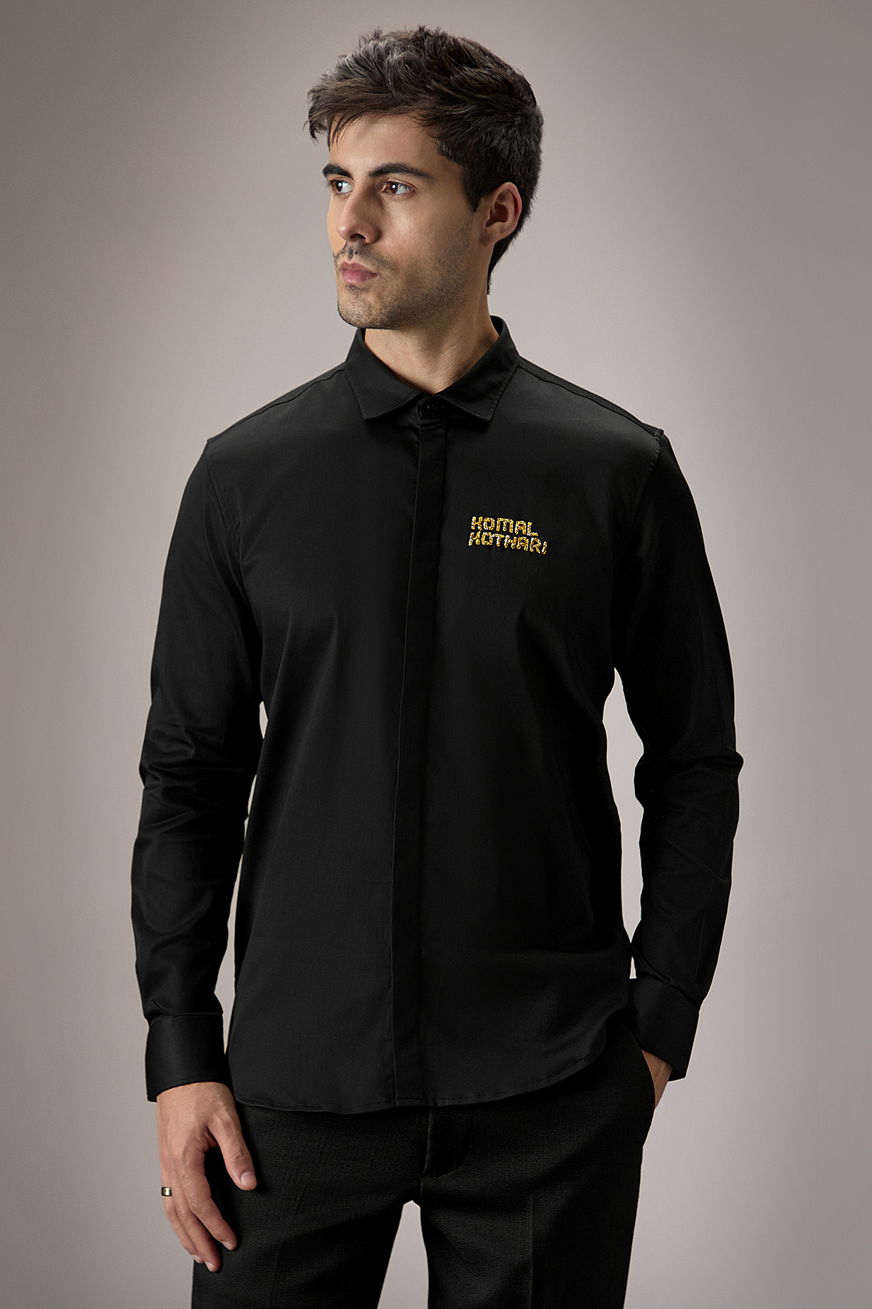 Black Cotton Hand Embroidered Shirt by Komal Kothari