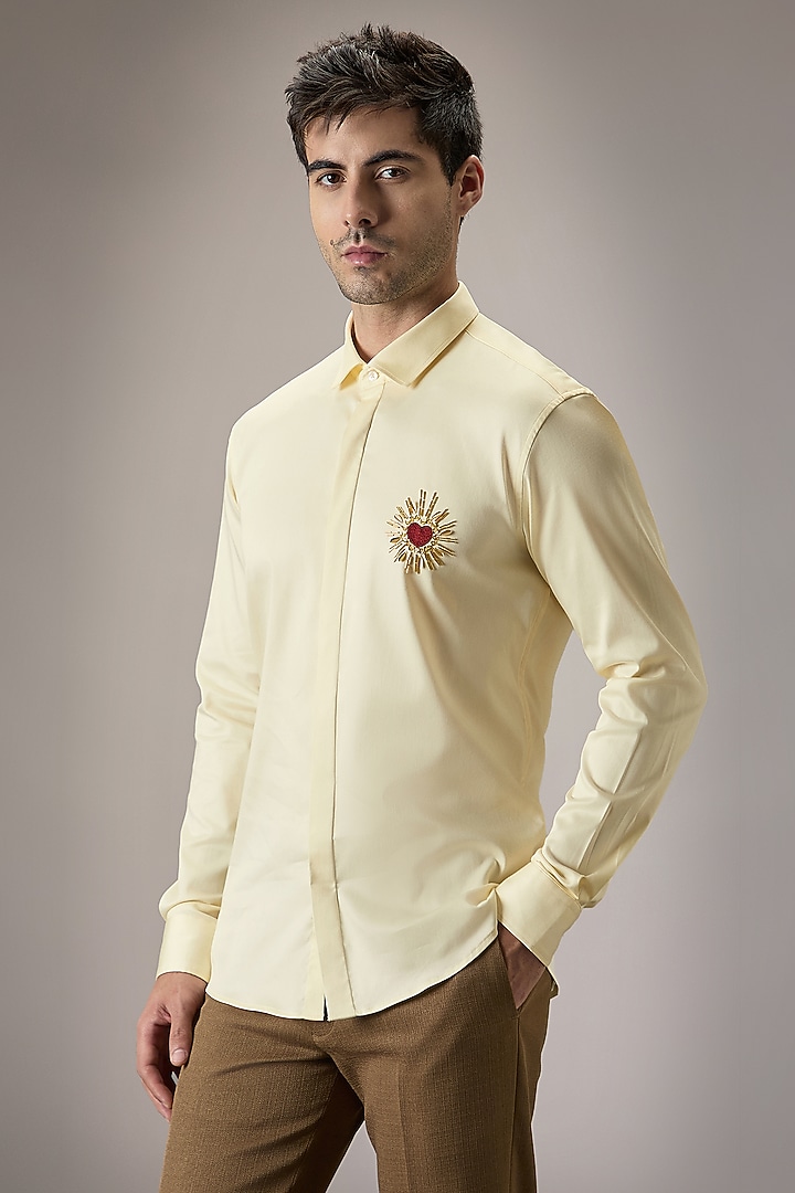 Ivory Cotton Heart Hand Embroidered Party Wear Shirt by Komal Kothari at Pernia's Pop Up Shop