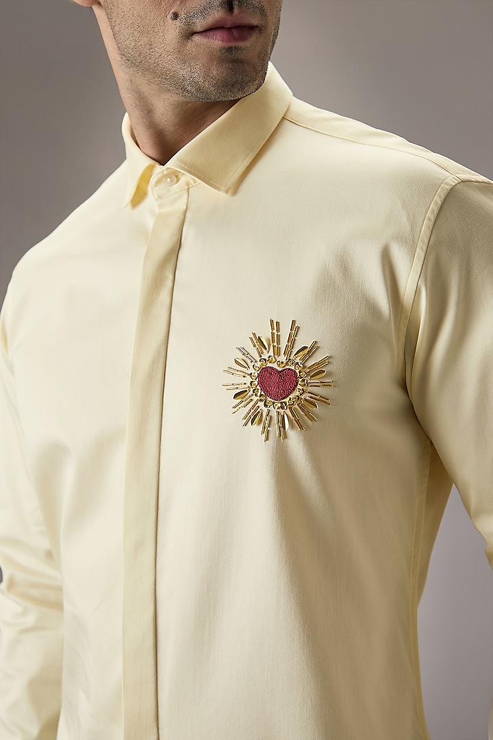 Ivory Cotton Heart Hand Embroidered Party Wear Shirt by Komal Kothari at Pernia's Pop Up Shop