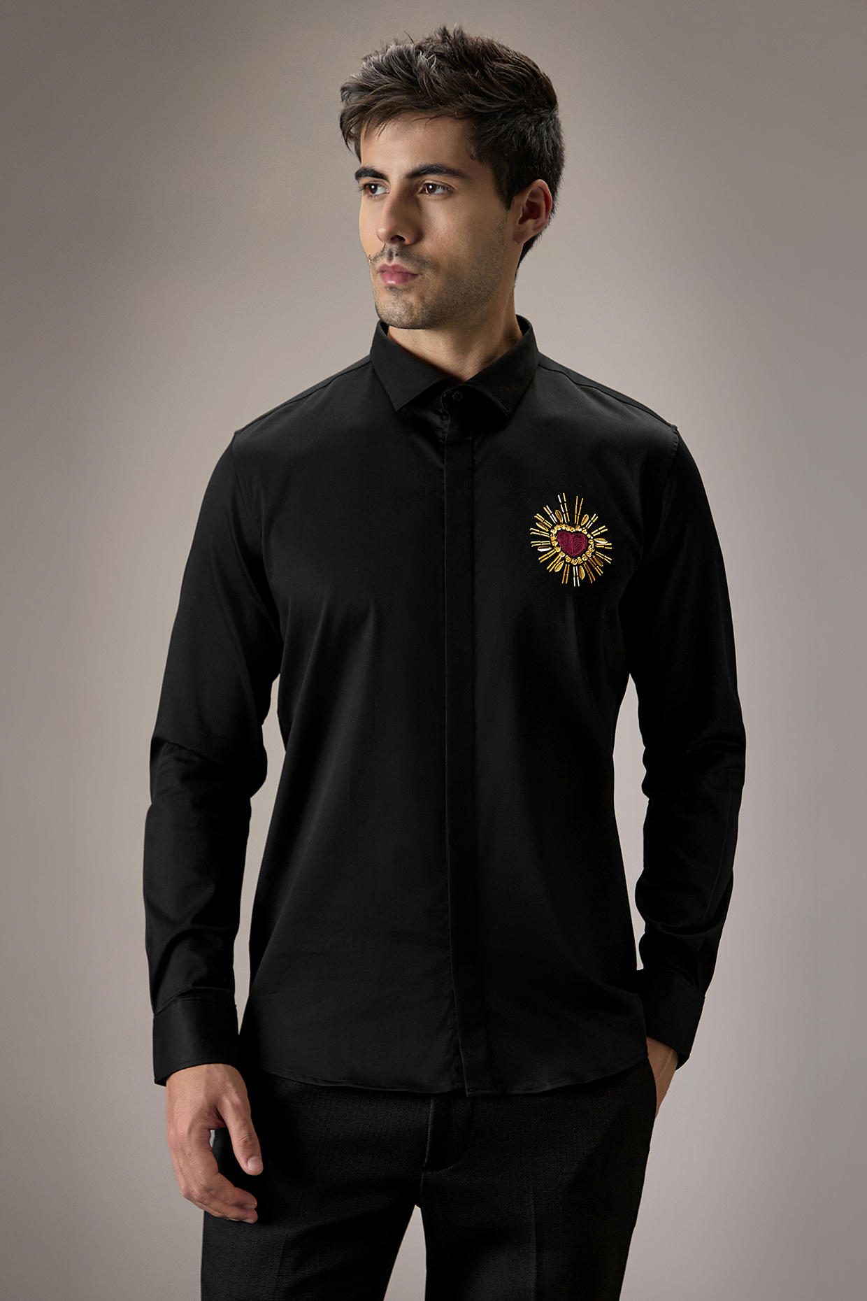 Black Cotton Heart Hand Embroidered Shirt by Komal Kothari