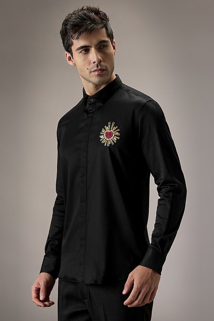 Black Cotton Heart Hand Embroidered Party Wear Shirt by Komal Kothari at Pernia's Pop Up Shop