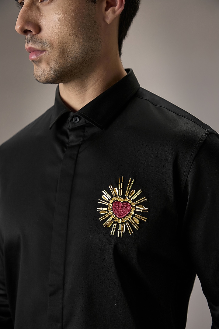Black Cotton Heart Hand Embroidered Party Wear Shirt by Komal Kothari at Pernia's Pop Up Shop