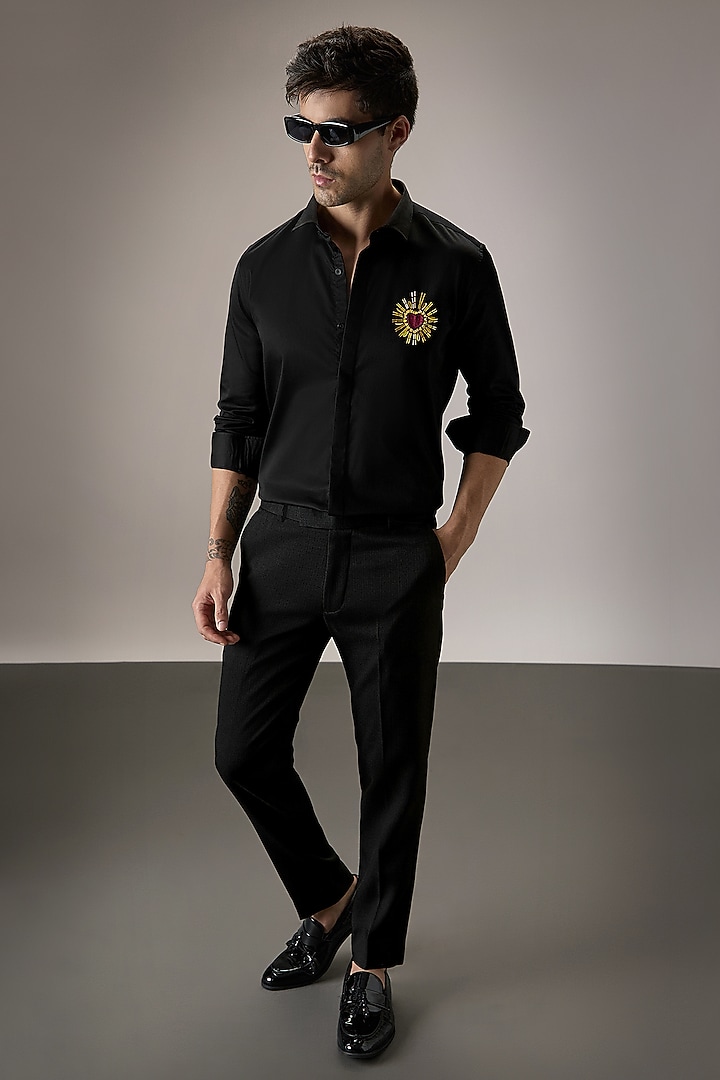 Black Cotton Heart Hand Embroidered Party Wear Shirt by Komal Kothari at Pernia's Pop Up Shop
