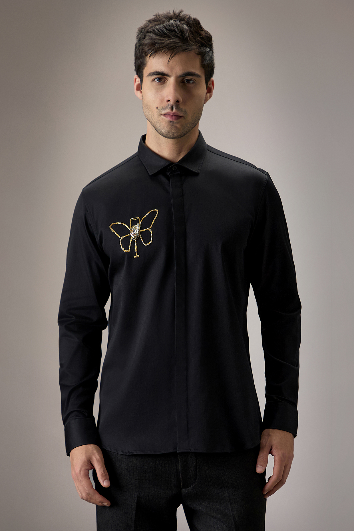 Black Cotton Butterfly Hand Embroidered Shirt by Komal Kothari