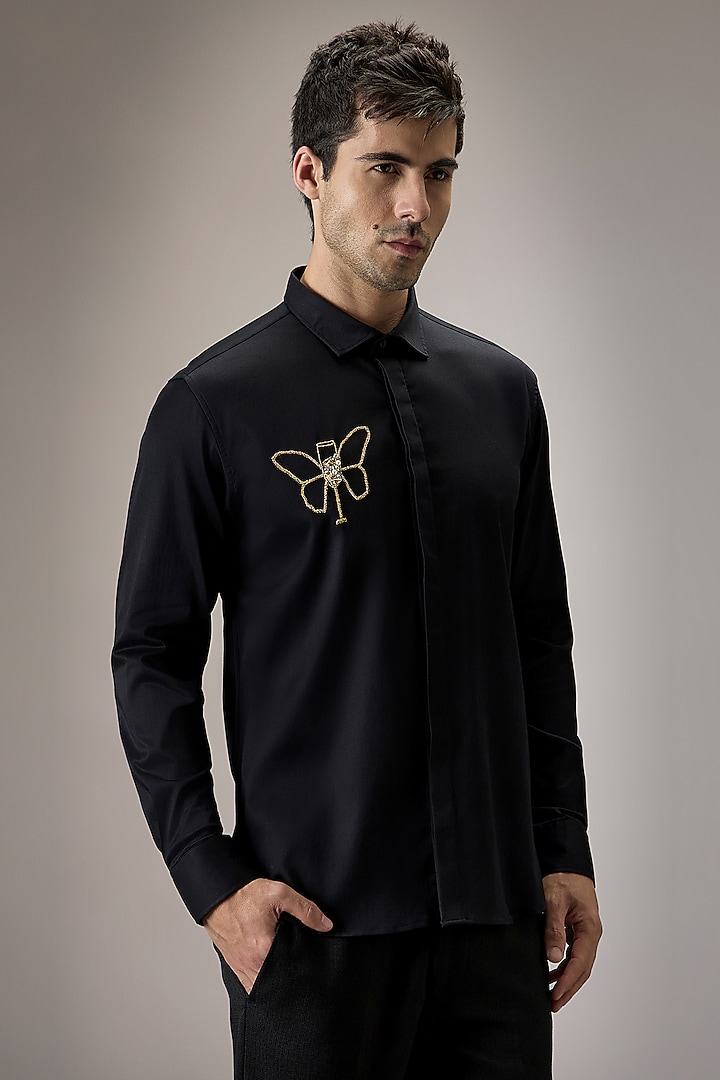 Black Cotton Butterfly Hand Embroidered Party Wear Shirt by Komal Kothari at Pernia's Pop Up Shop