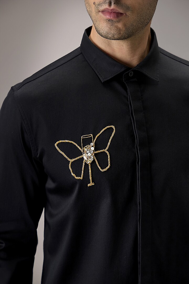 Black Cotton Butterfly Hand Embroidered Party Wear Shirt by Komal Kothari at Pernia's Pop Up Shop