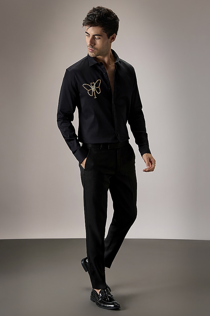 Black Cotton Butterfly Hand Embroidered Party Wear Shirt by Komal Kothari at Pernia's Pop Up Shop