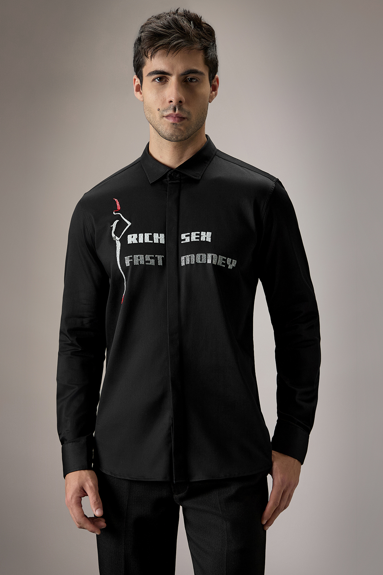 Black Cotton Hand Embroidered Shirt by Komal Kothari