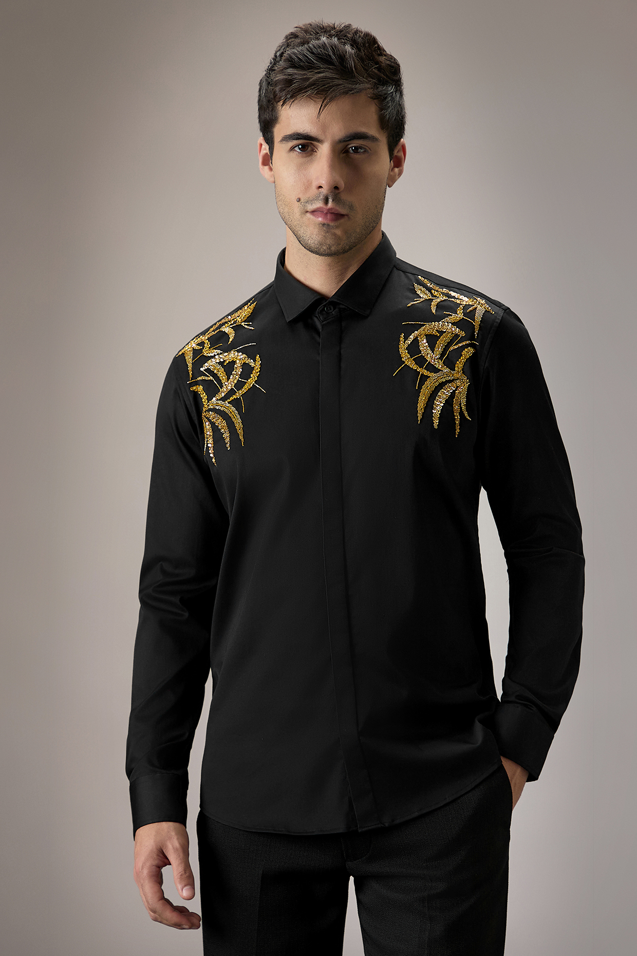 Black Cotton Leave Hand Embroidered Shirt by Komal Kothari