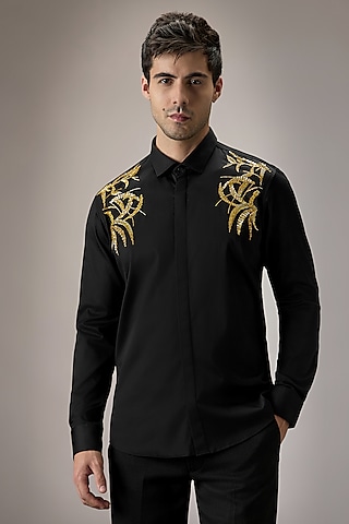 Black Cotton Leave Hand Embroidered Shirt by Komal Kothari
