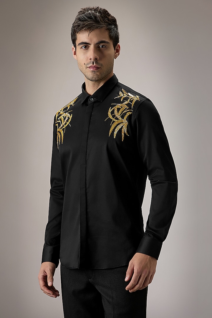 Black Cotton Leave Hand Embroidered Party Wear Shirt by Komal Kothari at Pernia's Pop Up Shop