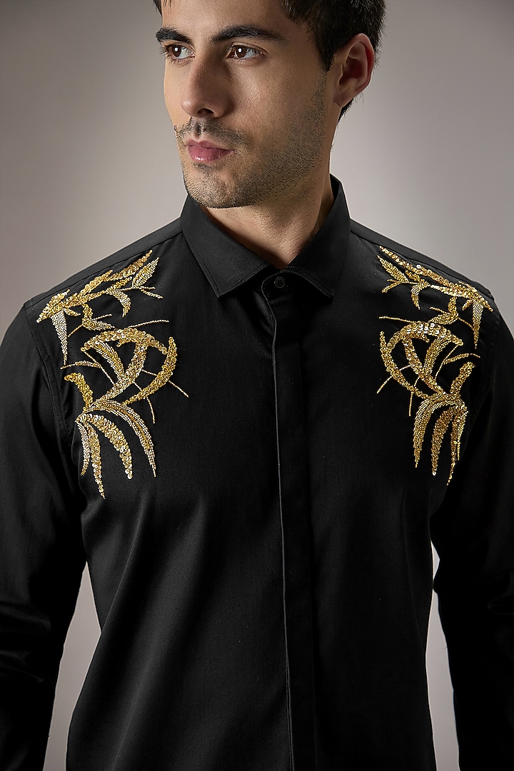 Black Cotton Leave Hand Embroidered Party Wear Shirt by Komal Kothari at Pernia's Pop Up Shop