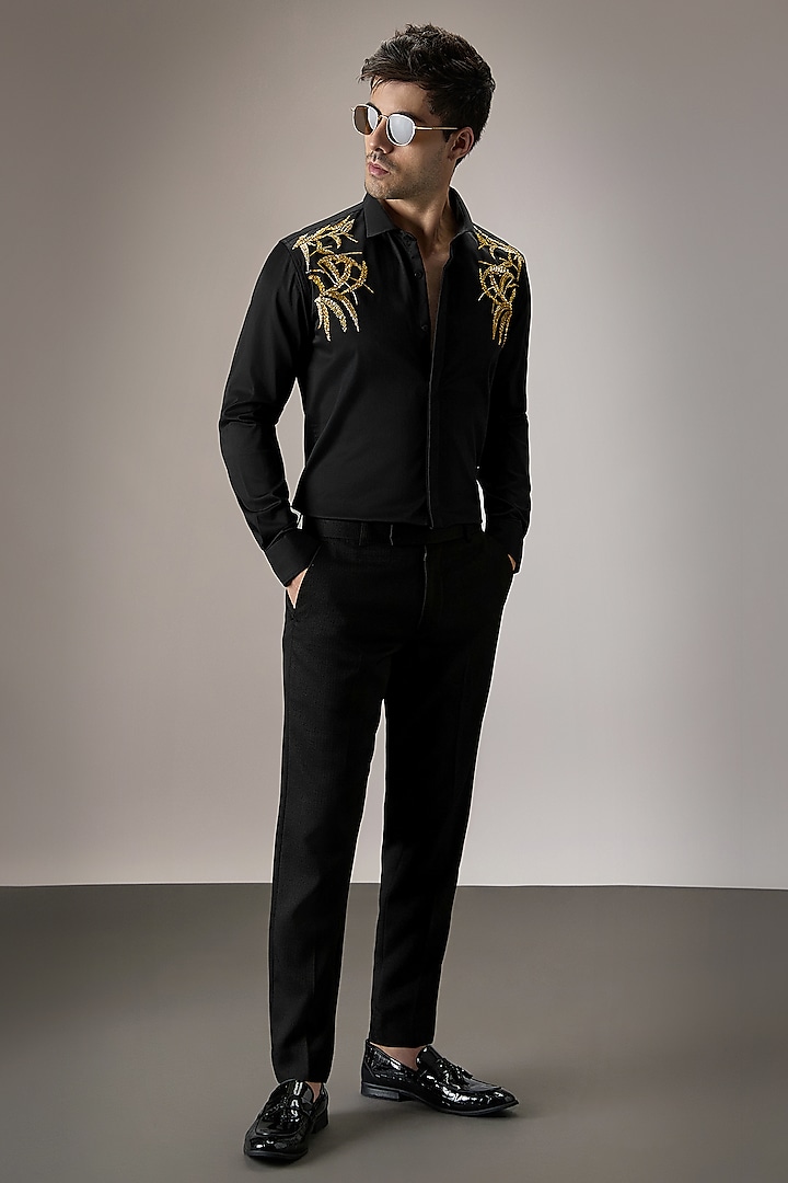 Black Cotton Leave Hand Embroidered Party Wear Shirt by Komal Kothari at Pernia's Pop Up Shop