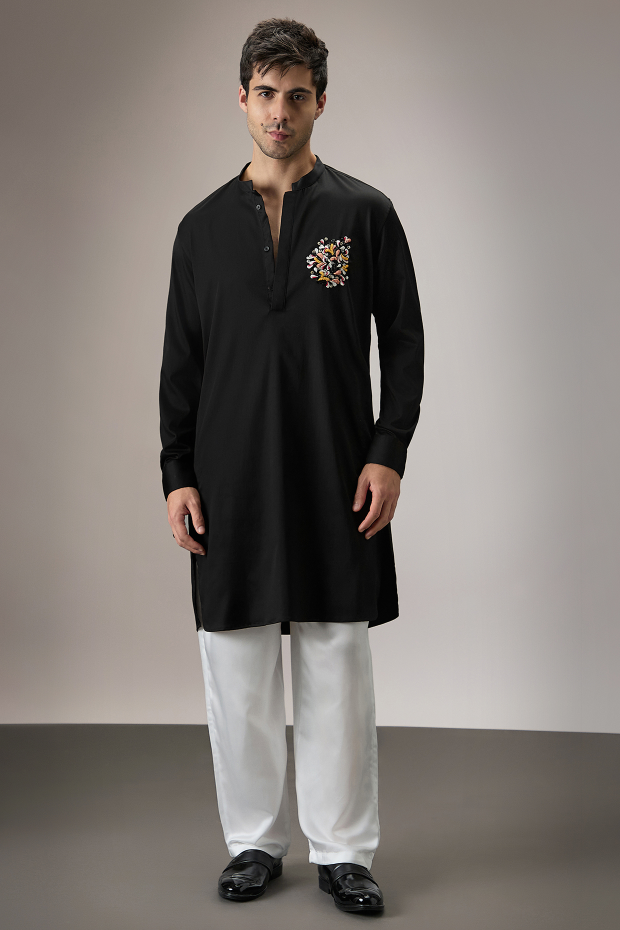 Black Cotton Hand Embroidered Kurta by Komal Kothari