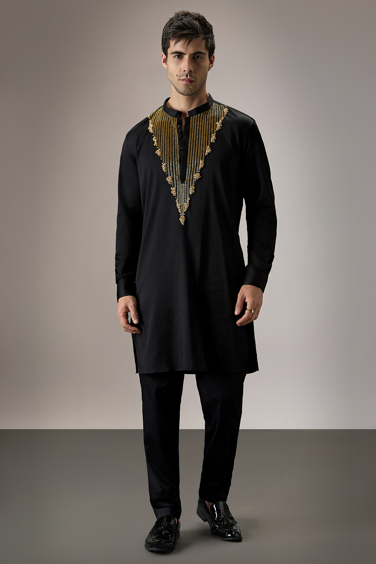Black Cotton Hand Embroidered Kurta by Komal Kothari