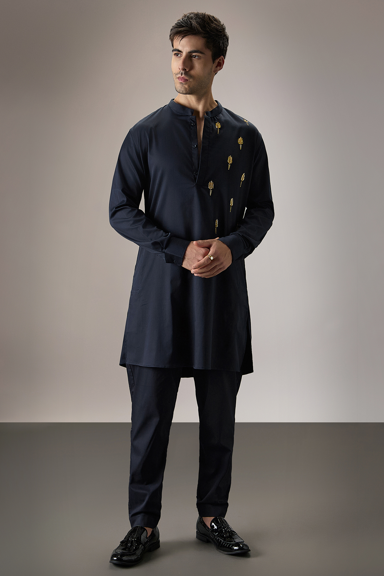 Navy BLue Cotton Floral Hand Embroidered Kurta Set by Komal Kothari