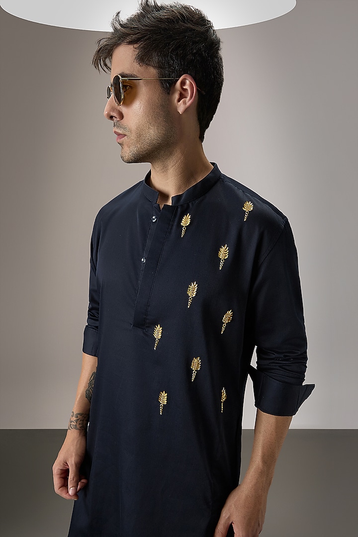 Navy BLue Cotton Floral Hand Embroidered Kurta Set by Komal Kothari at Pernia's Pop Up Shop