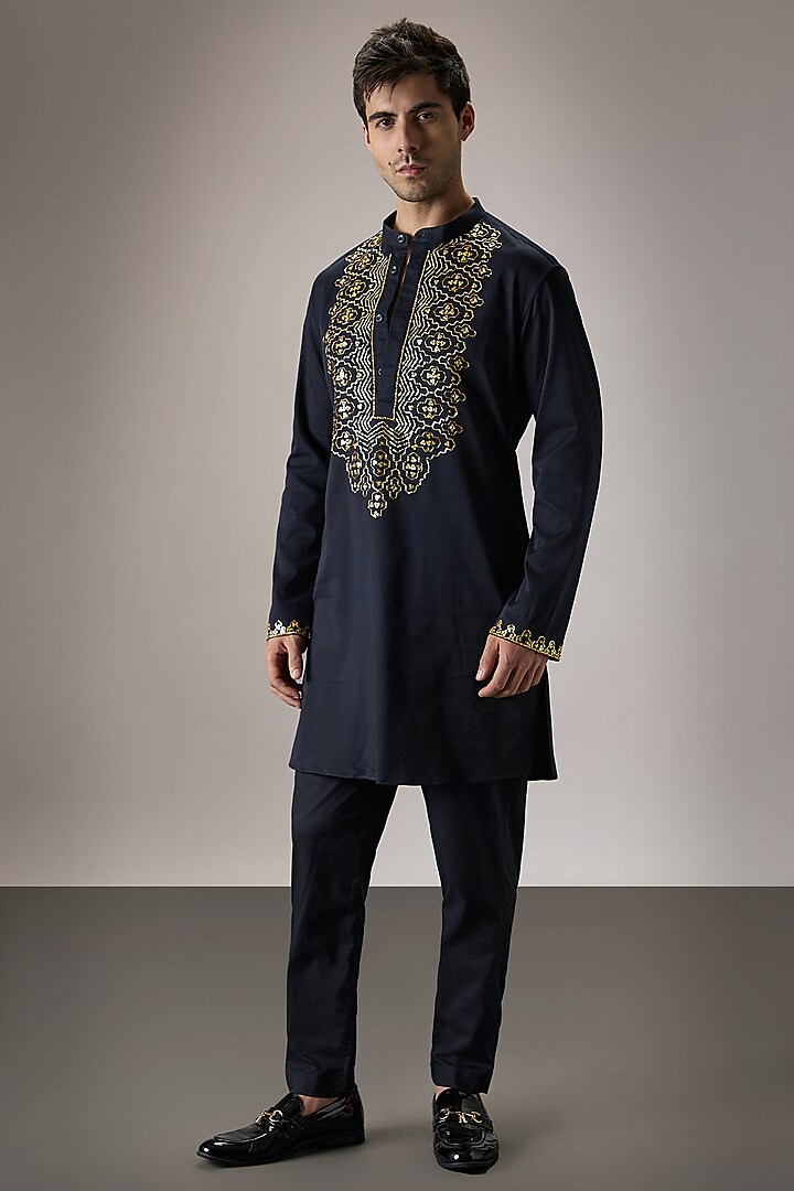 Navy Blue Cotton Hand Embroidered Kurta Set by Komal Kothari at Pernia's Pop Up Shop