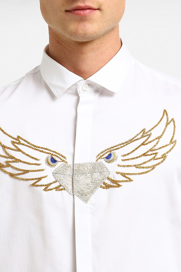 White Cotton & Lycra Embroidered Handcrafted Party Wear Shirt by Komal Kothari at Pernia's Pop Up Shop