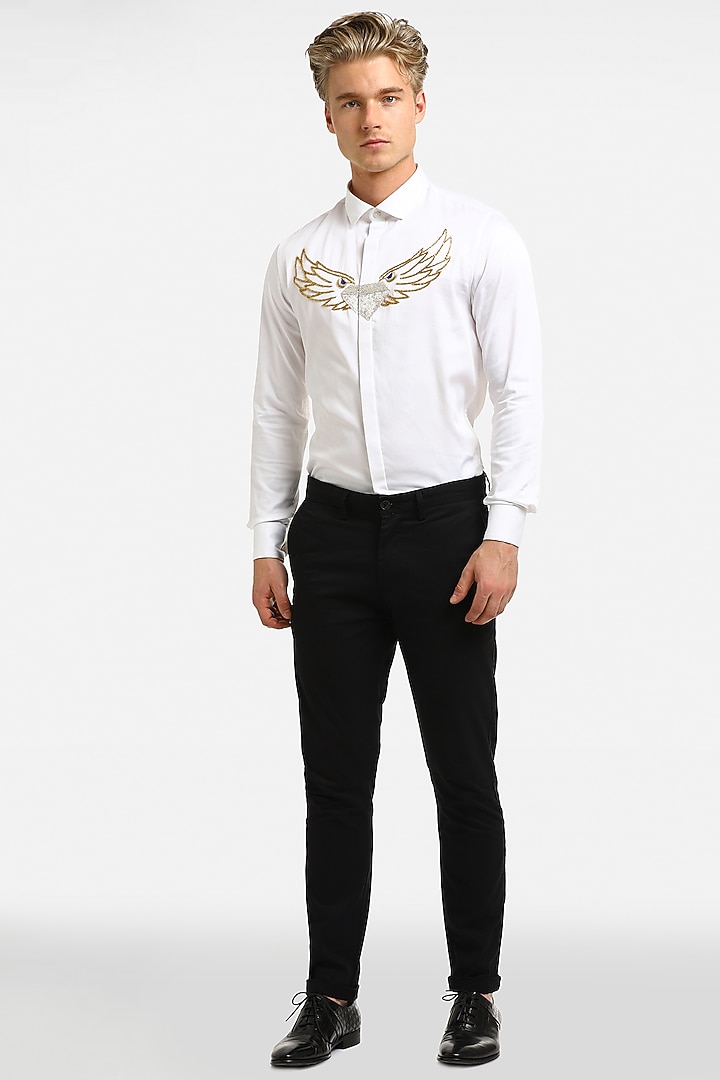 White Cotton & Lycra Embroidered Handcrafted Party Wear Shirt by Komal Kothari at Pernia's Pop Up Shop