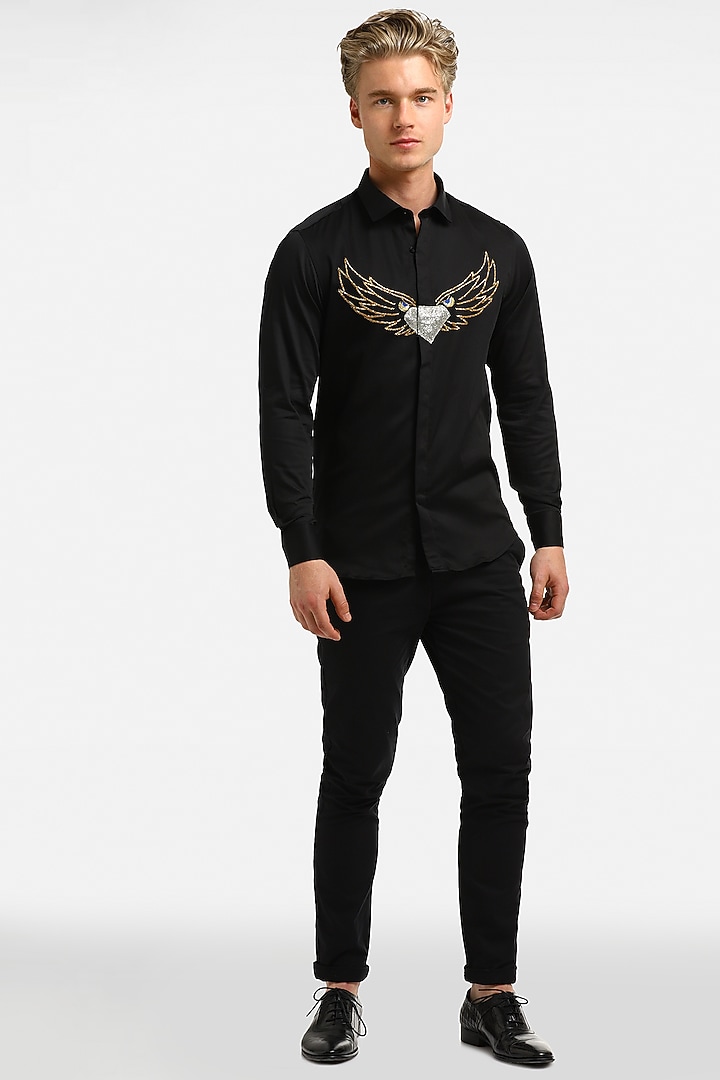 Black Cotton & Lycra Embroidered Handcrafted Party Wear Shirt by Komal Kothari at Pernia's Pop Up Shop