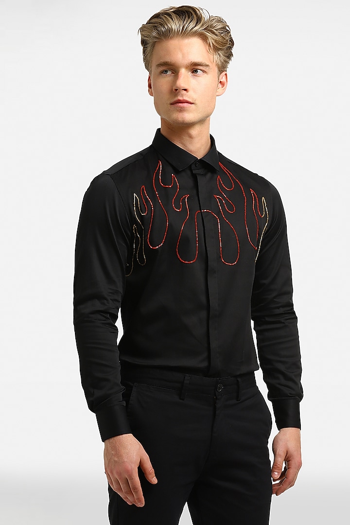 Black Cotton & Lycra Embroidered Handcrafted Shirt by Komal Kothari