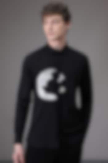 Black Cotton Satin Moon Mickey Hand Embroidered Party Wear Shirt by Komal Kothari at Pernia's Pop Up Shop